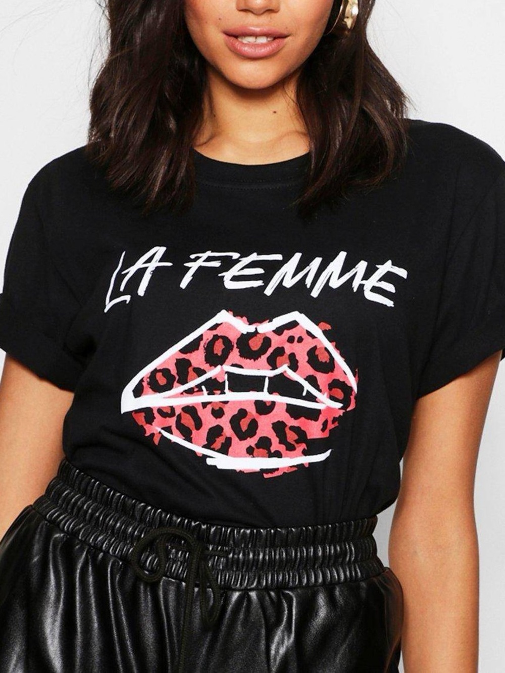 La Femme Graphic Tee with Pink Leopard Lips